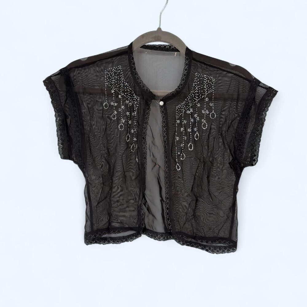 Beaded Sheer Mesh Bed Jacket Lace Trim Chandelier Sequin Cropped Shrug c. 2001